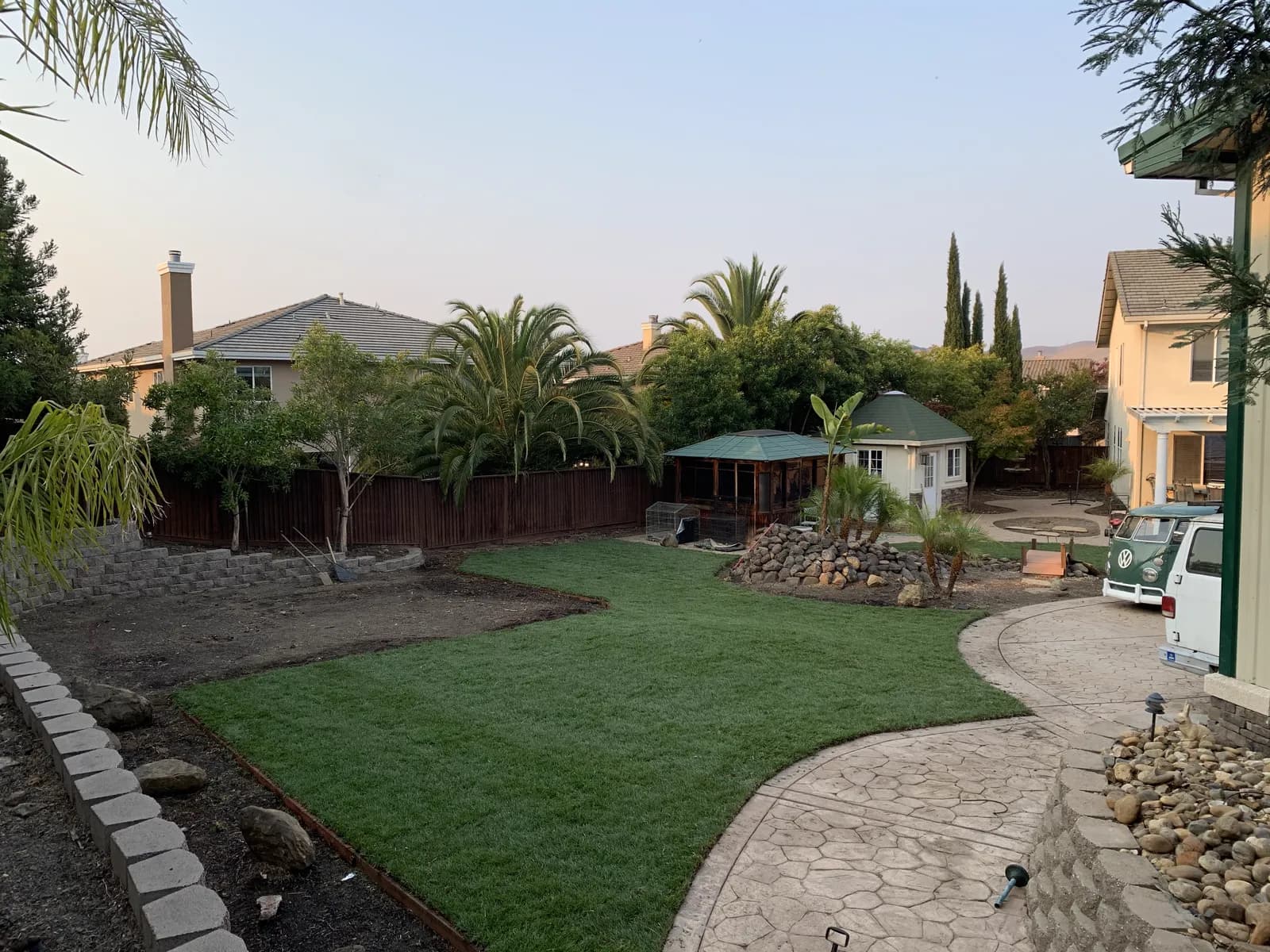Completed backyard with lawn, palms, a paver path and a gazebo